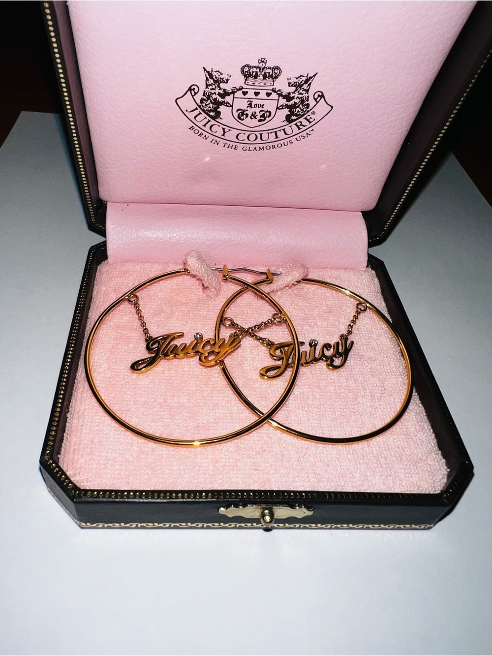 Juicy Couture Gold Hoop Earrings with 'Juicy' Script Charms